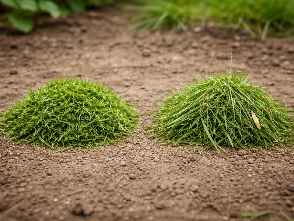 Deux petits tas d’herbe fraîche : tonte courte sans graines prête à pailler vs herbe plus longue avec épis non prête.