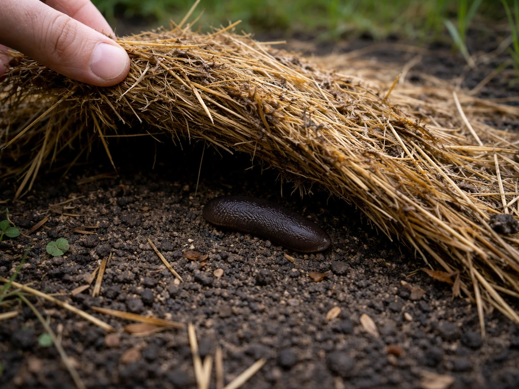Limace sombre sous un paillage d’herbe humide, paillis soulevé partiellement dans un potager.