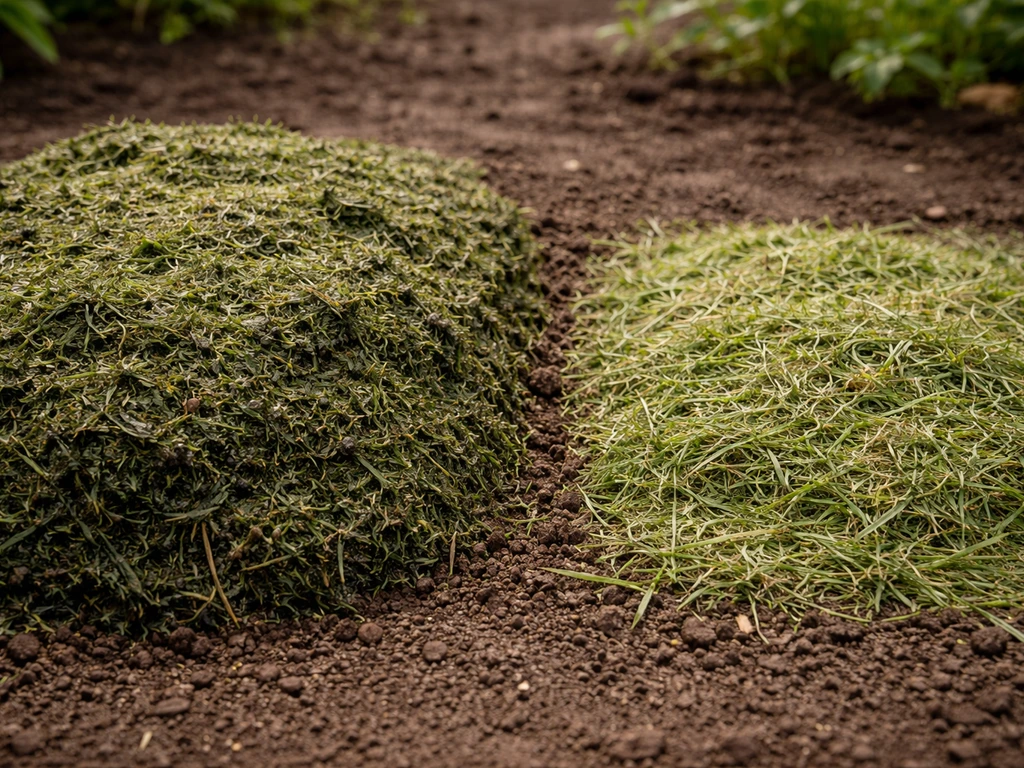 Paillis d’herbe fraîche sombre et compact montrant une fermentation, avec un petit comparatif de couche plus fine.
