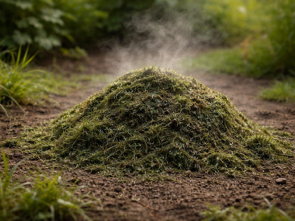 Tas de tontes d’herbe compactes qui dégage une légère vapeur, effet de fermentation en jardin.
