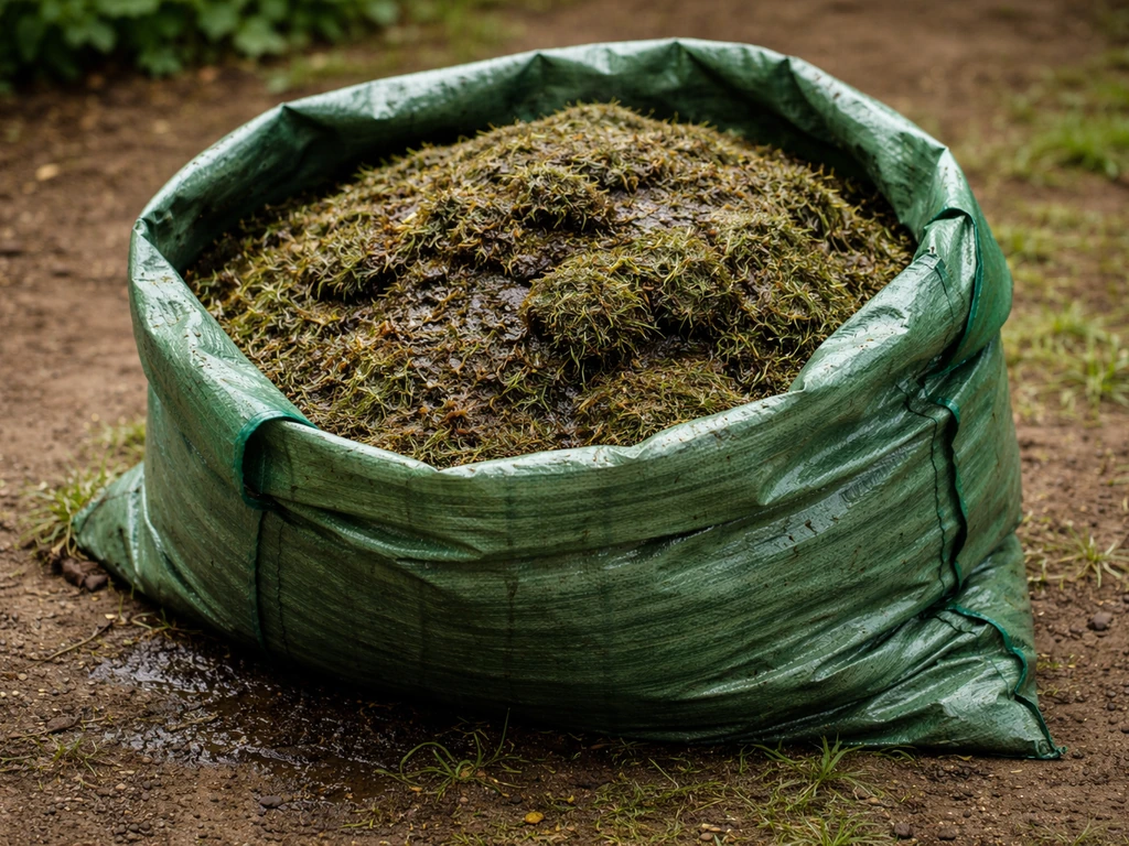 Tas de tontes dans un sac ouvert, herbe chaude et odeur de fermentation suggérée par l’aspect humide et sombre.