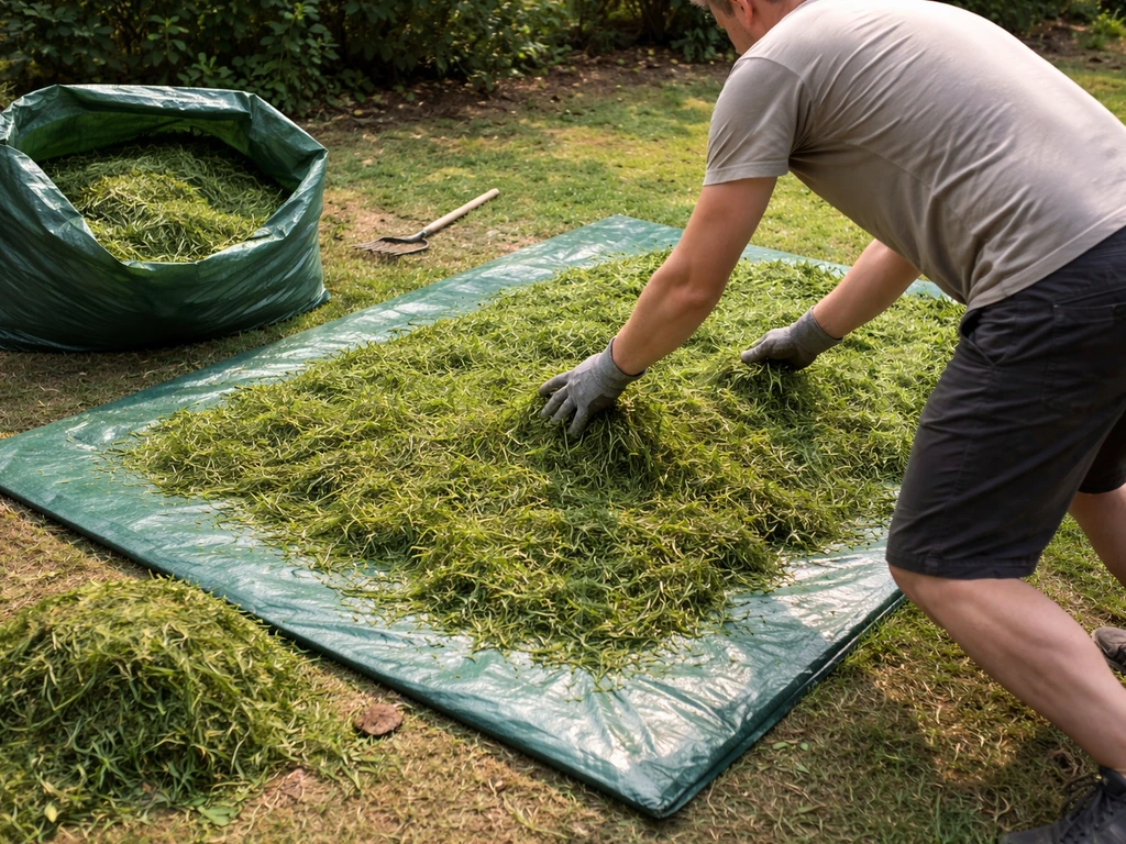 Une personne étale de l’herbe fraîche en couche fine sur une bâche, avec un sac ouvert à côté.