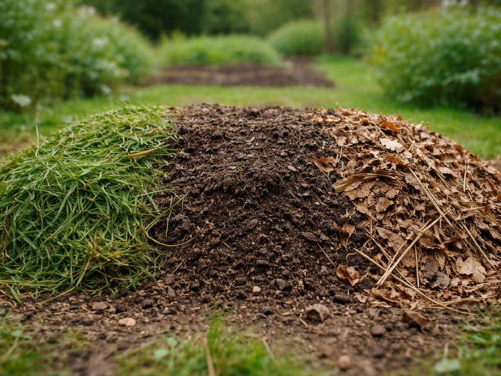 Tas de compost avec herbe fraîche et feuilles sèches mélangées en couches équilibrées.