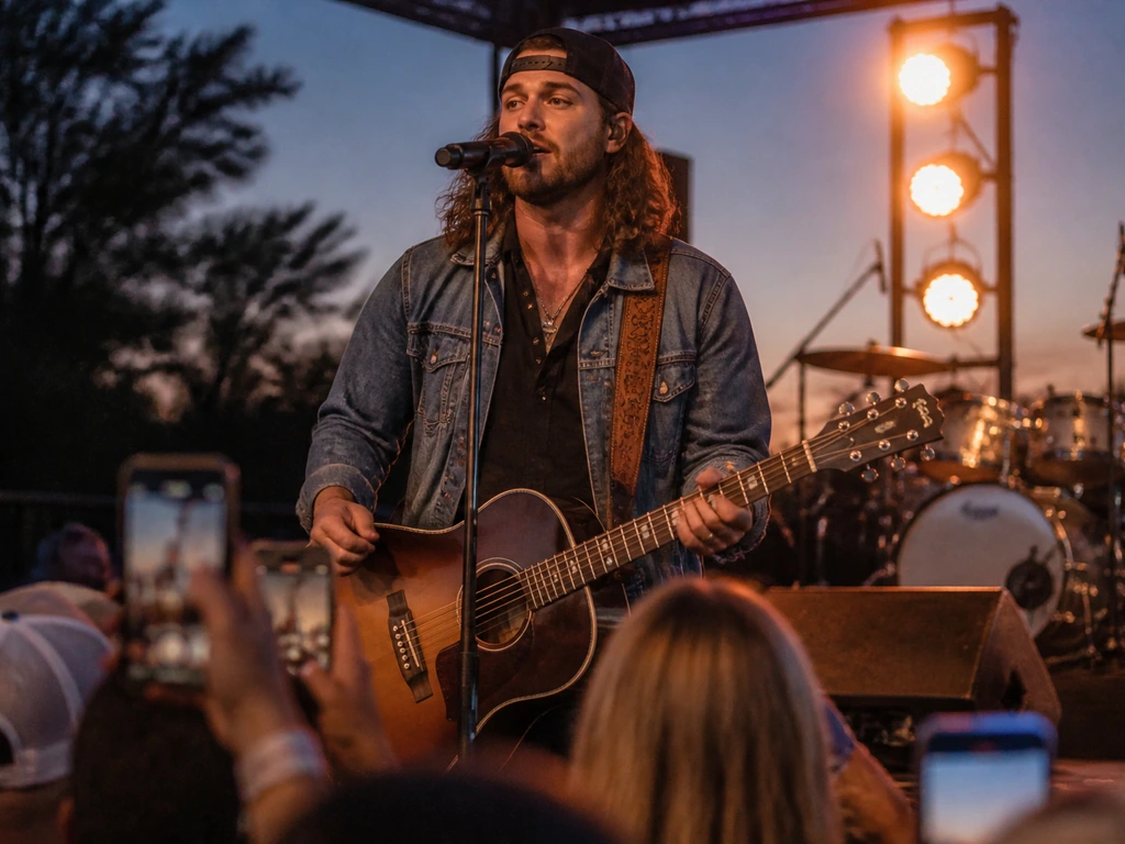 Live music performance at dusk with a guitarist-singer at a microphone and a cheering crowd