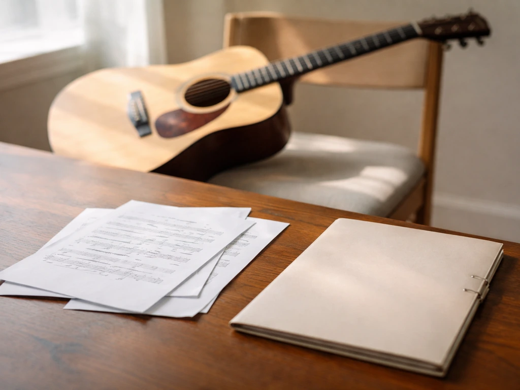 Minimal desk scene with a guitar, blank sheet music pages, and a plain contract folder for royalties.