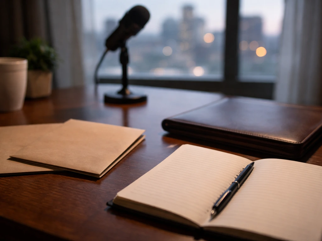 Minimal office desk with envelopes and blank notebook, symbolizing ambiguous wealth interpretations