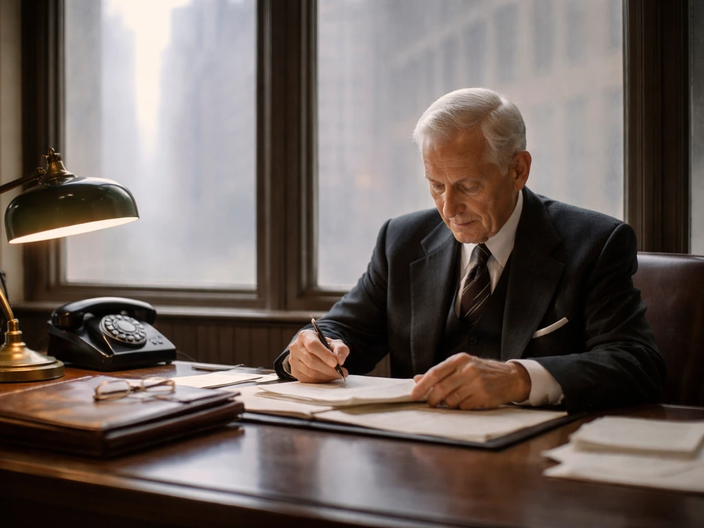 Elderly investor in a vintage Wall Street office reviewing papers with a fountain pen