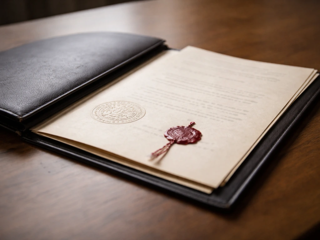 Archival-style close-up of a vintage legal document folder with embossed seals, no readable text.