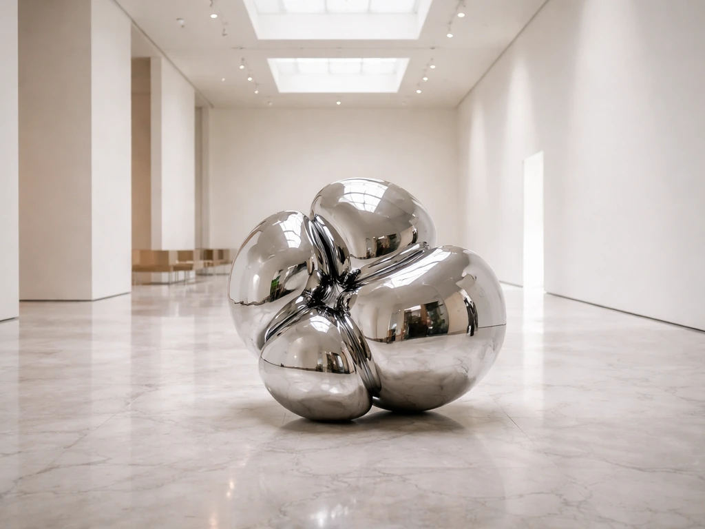 Minimal modern museum gallery with a reflective contemporary sculpture and soft natural light