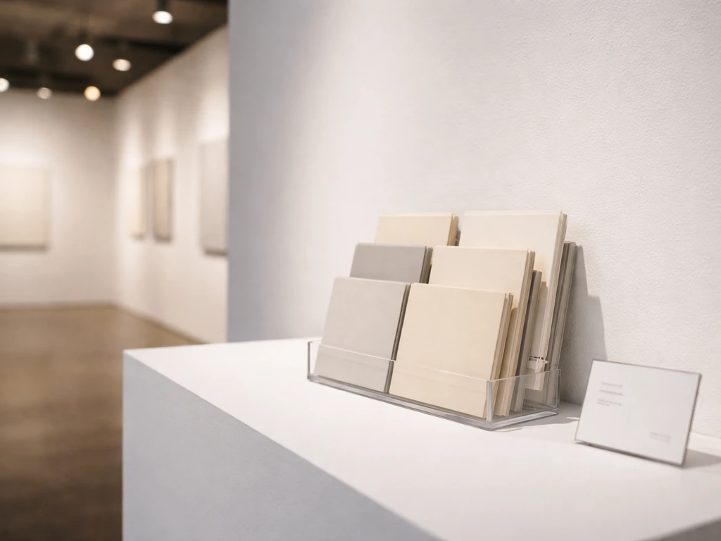 Minimal art gallery wall with displayed artwork cards and a blurred price tag, suggesting valuation context.