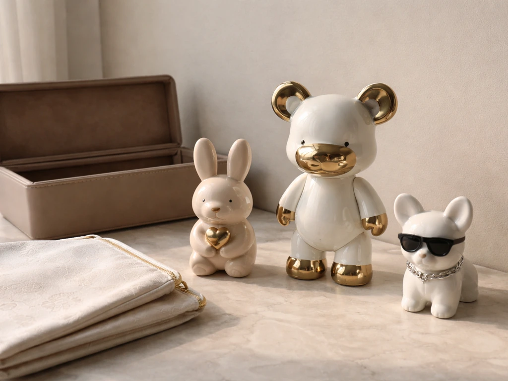 Minimal luxury studio scene with glossy collectible figurines and neutral branding-inspired packaging