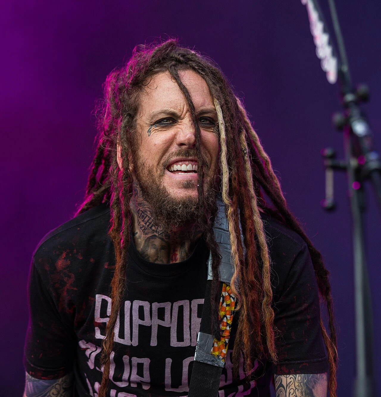 Brian Welch performing on stage with Korn, close-up portrait