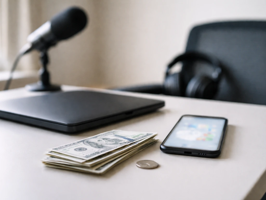 Minimal desk scene with money and a phone showing blurred media figures, suggesting net worth estimates