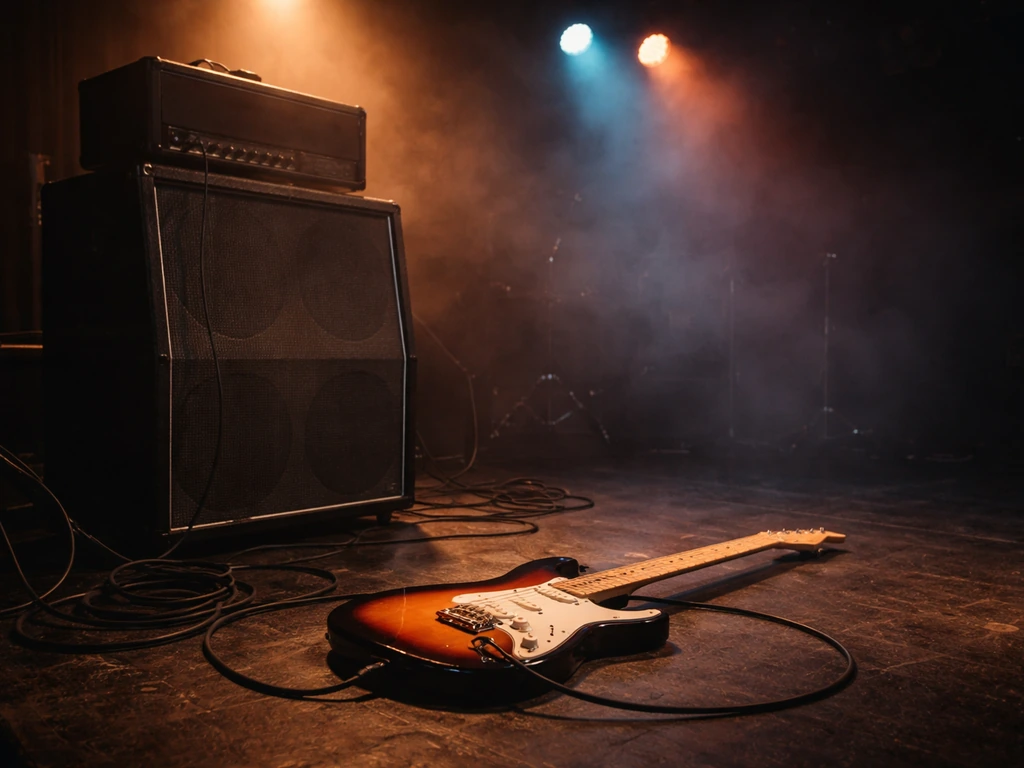 Close-up of an electric guitar resting by a large live amp with colored stage lights in a dark venue
