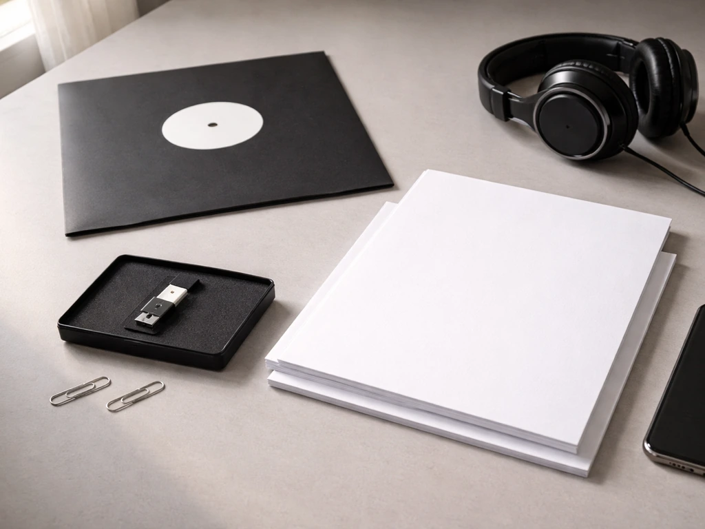 Close-up desktop scene with mock record sleeve, blank letterhead, USB drive, and headphones for an independent label lau