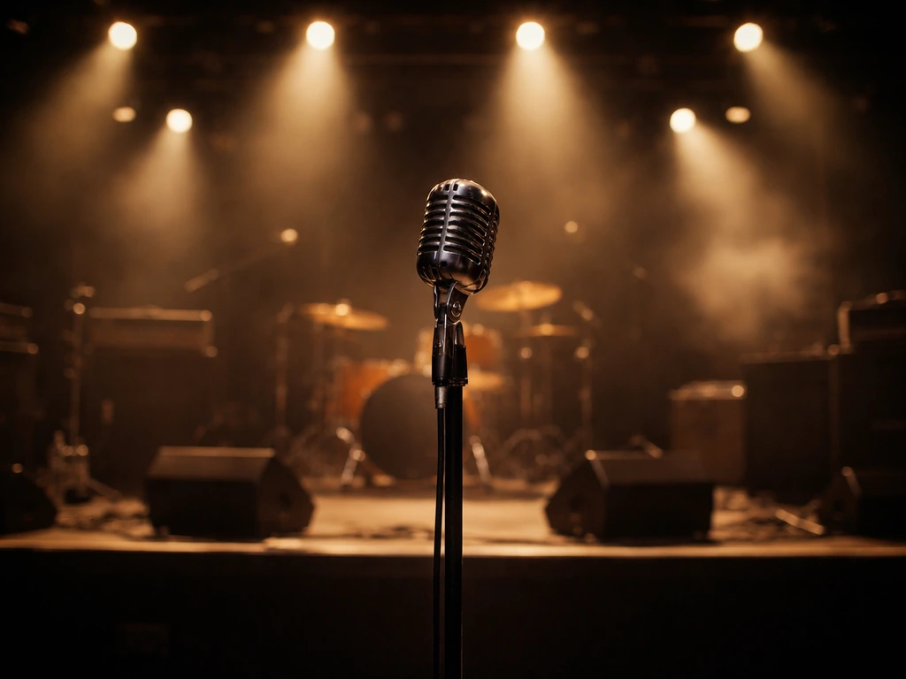 Empty concert stage with a single microphone under warm spotlights.