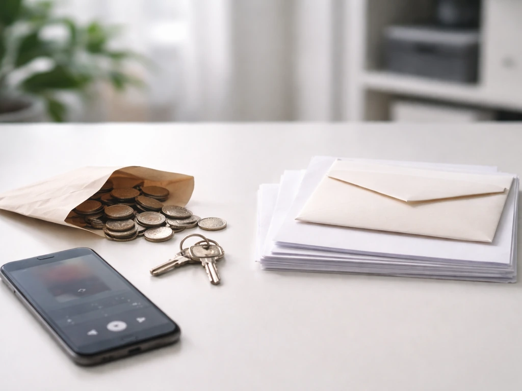 Minimal desk scene with blank statements, coins, and keys suggesting net worth math.
