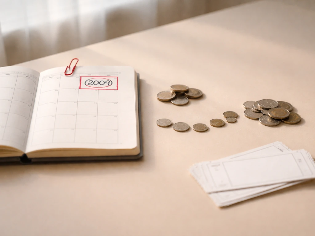 Desk calendar showing a 2009 shift, with coins moving from one side to the other for before/after.