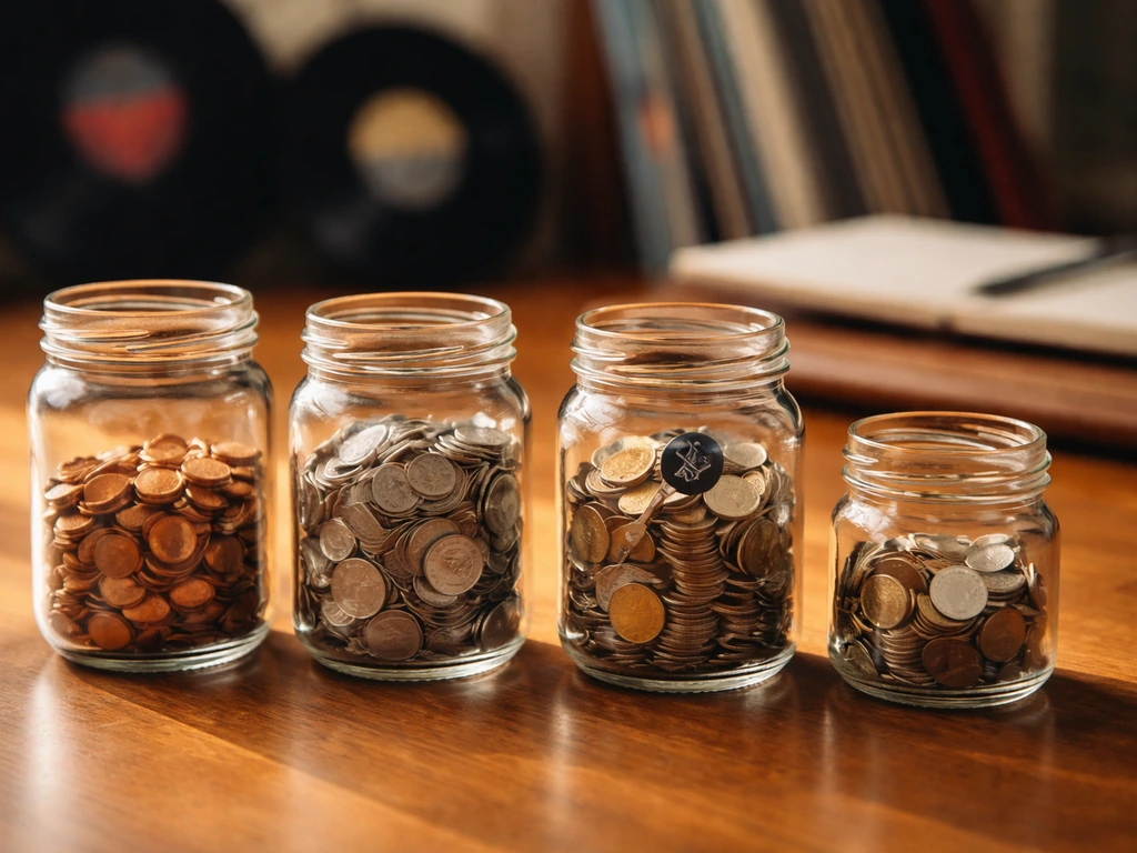 Musician royalty breakdown shown as simple ceramic jars with coins in a quiet studio setting