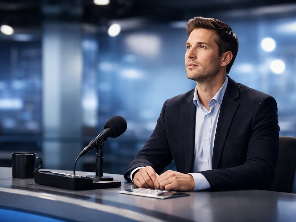 Anonymous journalist seated at a news desk with microphone in a softly lit blue TV studio.