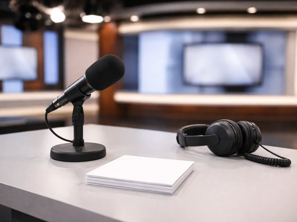 Empty TV studio desk with a microphone and headset, suggesting media contract income sources.