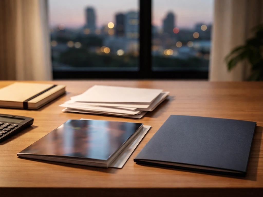 Minimal office desk with blurred city skyline and a calculator beside scattered cash-like papers