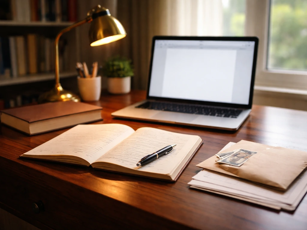 Minimal writing desk with notebook, book, and money-like envelope, symbolizing author success and income.