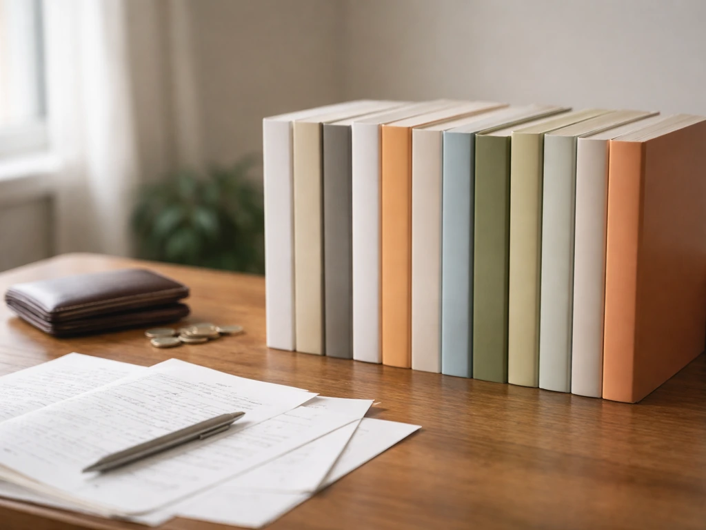 Books and papers on a desk with soft money cues, suggesting publishing earnings and royalties.