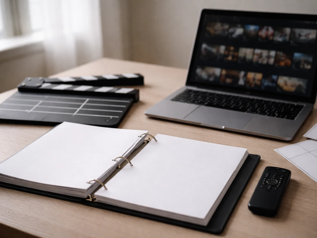 Minimal desk scene with a clapperboard, script pages, and laptop showing generic streaming thumbnails