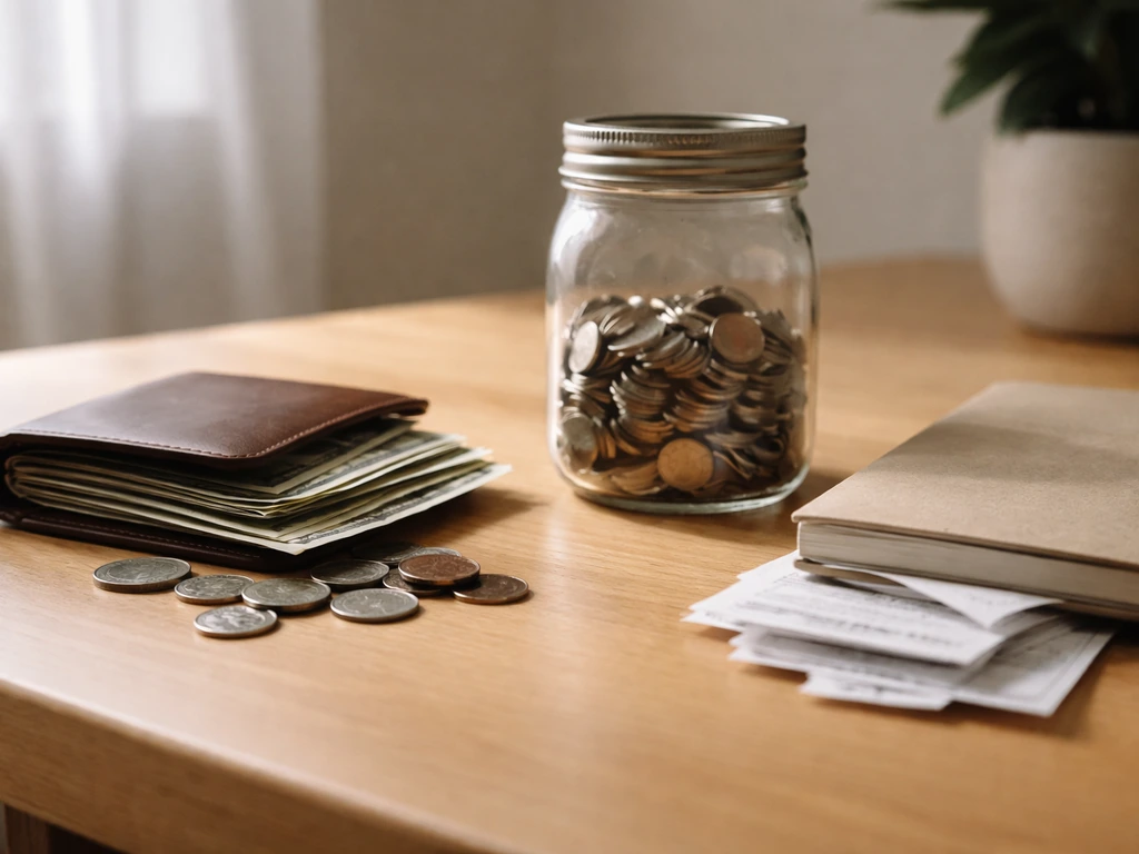 Minimal photo of a tidy desk with cash and a savings jar beside a closed wallet, symbolizing assets vs liabilities range