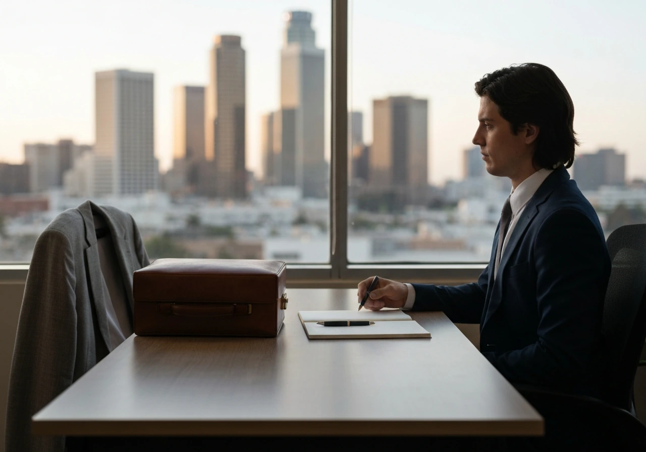 Los Angeles investment professional at a minimalist desk with a briefcase and city skyline through window