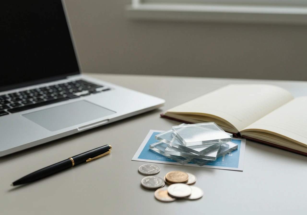 Minimal desk scene with tokens and blank notebook suggesting stock share valuation concept.
