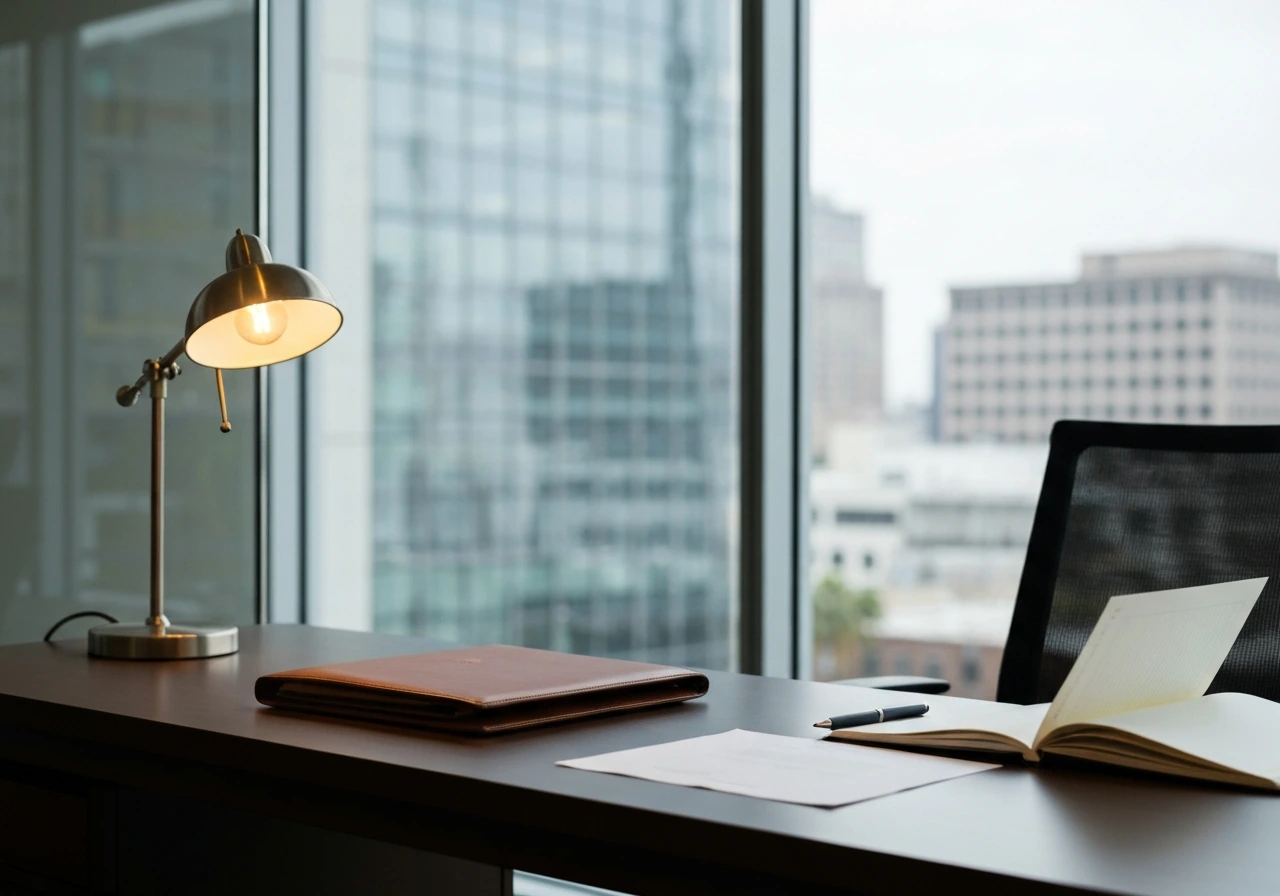 Quiet luxury finance office with a small desk, neatly arranged documents, and warm city-window light.