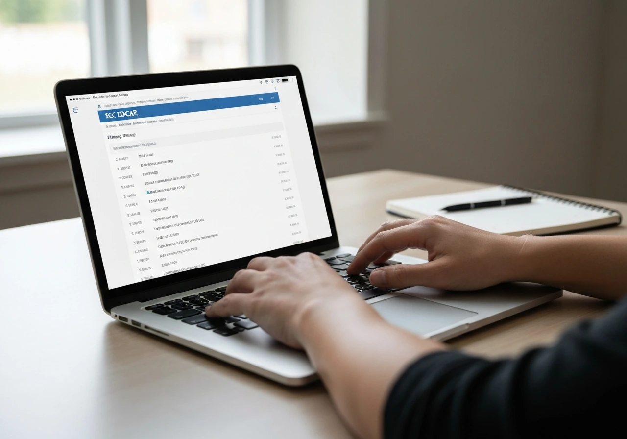 Close-up of hands using a laptop to research SEC EDGAR insider filings, with a blurred search results view