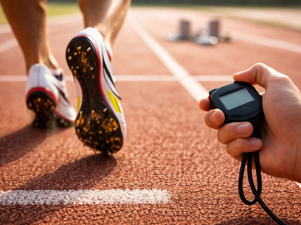 Close-up of running shoes on a track with a blurred stopwatch gesture, race-day energy.