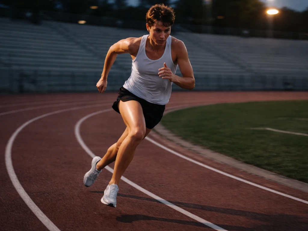 An anonymous middle-distance runner in race gear sprinting on a track under stadium lights.