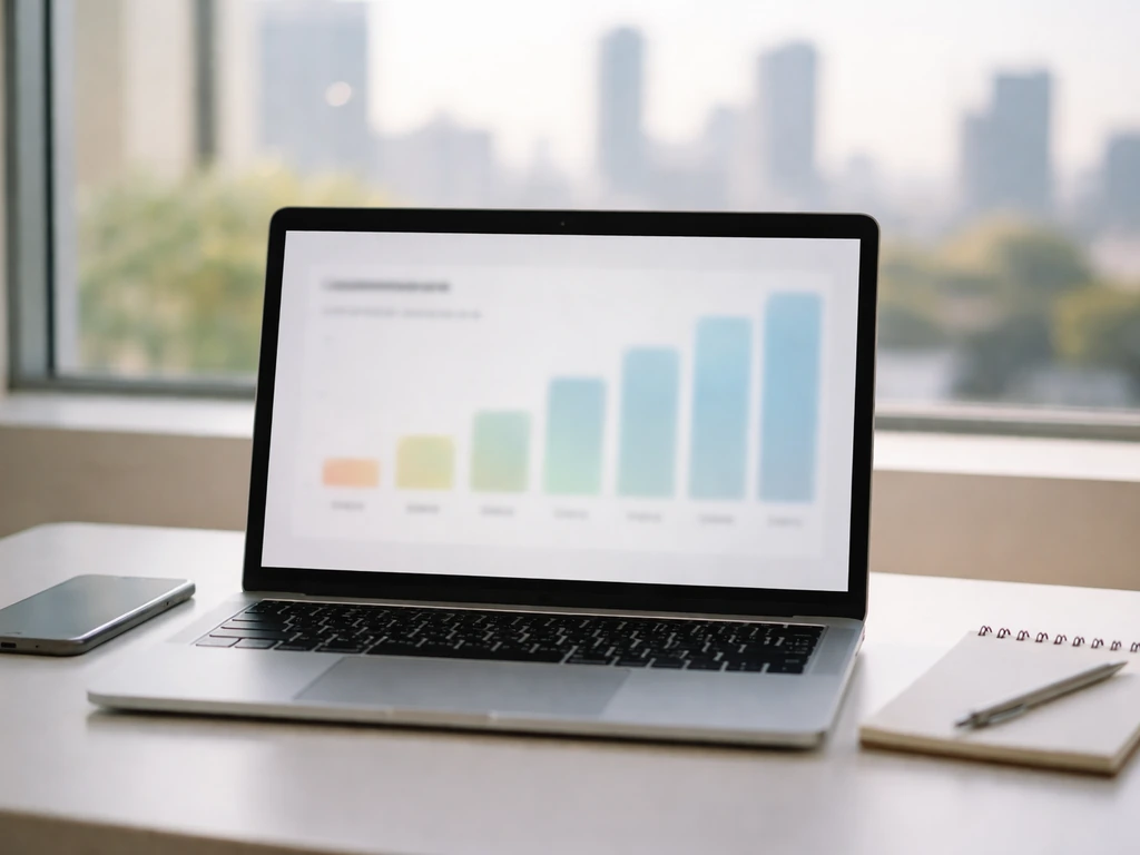 Laptop on a desk with a blurred finance dashboard suggesting a net-worth estimate range over time.