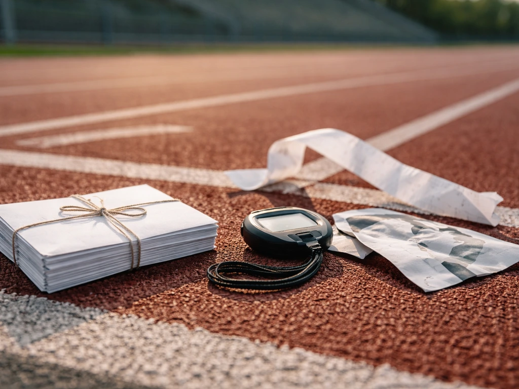 A close-up of a track finish-line tape and stopwatch beside prize envelopes, symbolizing competition earnings.
