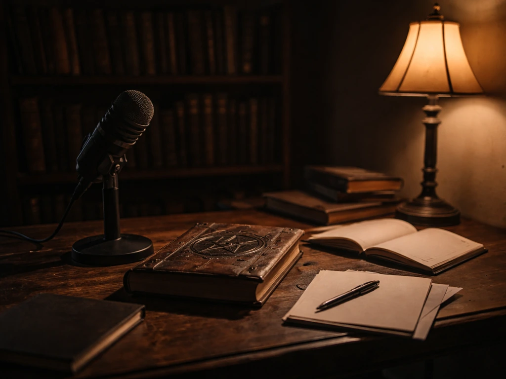 Moody studio desk with microphone and leather-bound book, warm lamp light, no people.