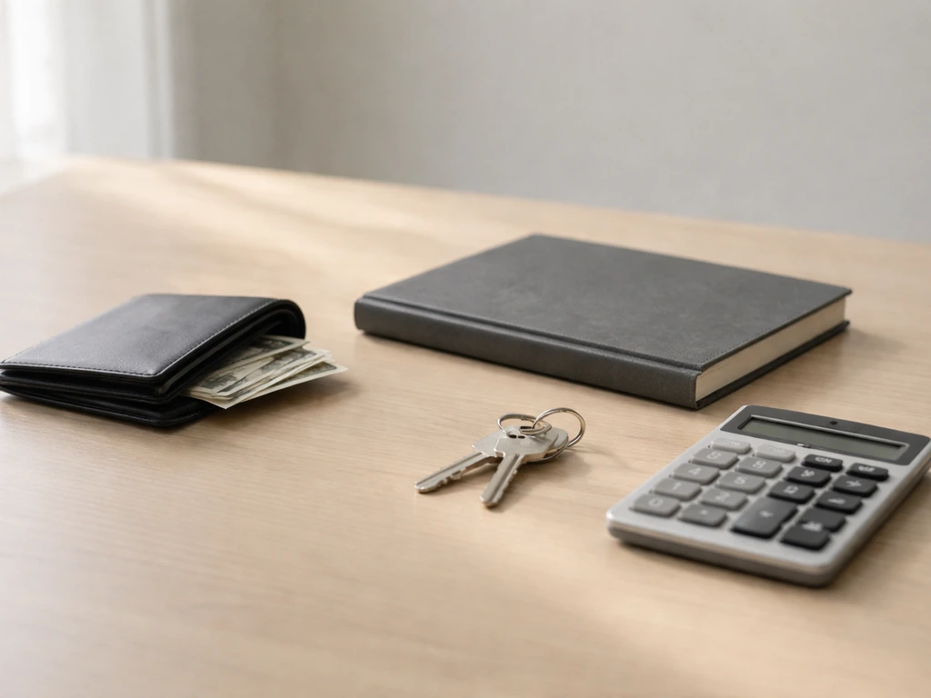 Minimal desk scene with scattered money and a closed ledger, symbolizing net worth as assets minus liabilities.