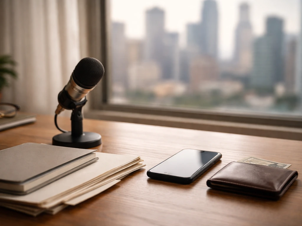 Minimal finance-themed desk scene with scattered folders and a small microphone, hinting at media career milestones.