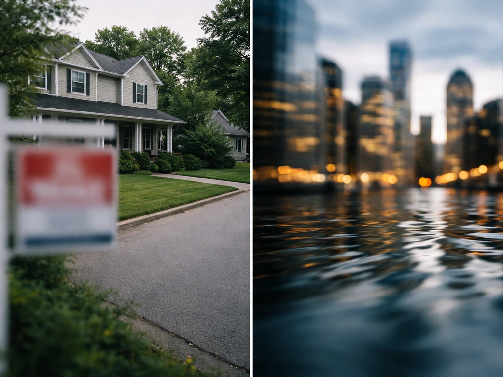Minimal split scene showing a quiet house exterior and a blurred market-style reflection suggesting real-estate volatili