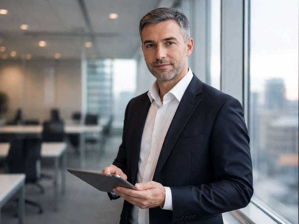Anonymous business executive in a modern office near a window, holding a tablet, professional and calm.