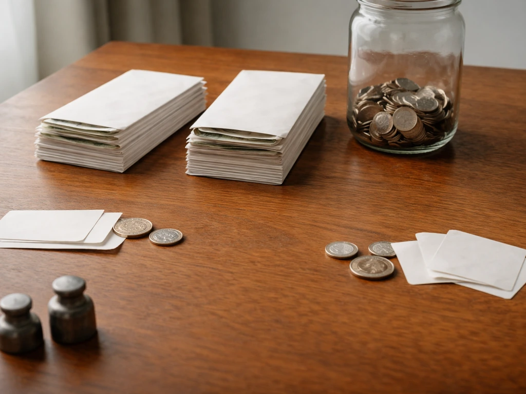 Minimal desk scene with money envelopes, coins, and two separated bands to suggest estimate uncertainty.