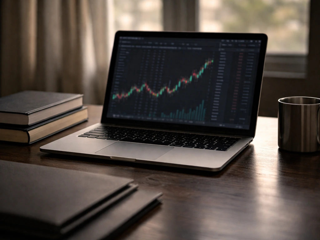 Minimal finance desk with blurred options trading display on a laptop and notebooks under natural light.