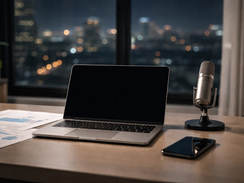 Empty finance office desk with laptop, trading-style documents, and a dark city skyline through window for identity disa