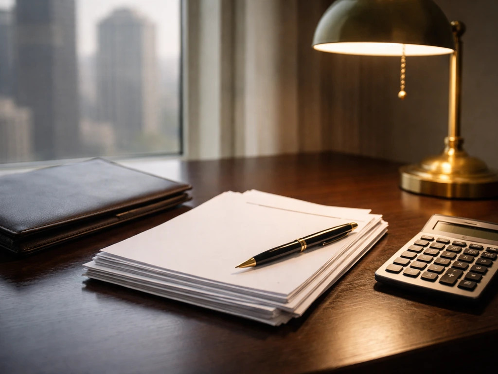 Minimal finance desk with blank documents, pen, calculator, and city view symbolizing net worth calculation.