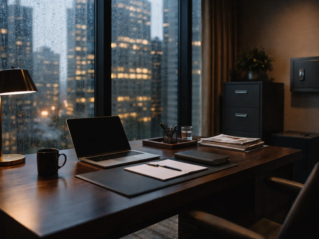 Quiet finance office interior with a desk, wall safe, and soft city light hinting at hedge-fund headquarters.
