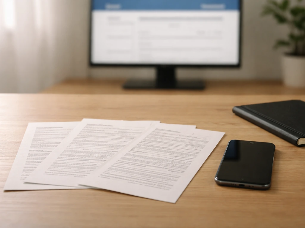 Documents and phone on a desk with a blurred government filing-style screen, symbolizing source credibility checks.