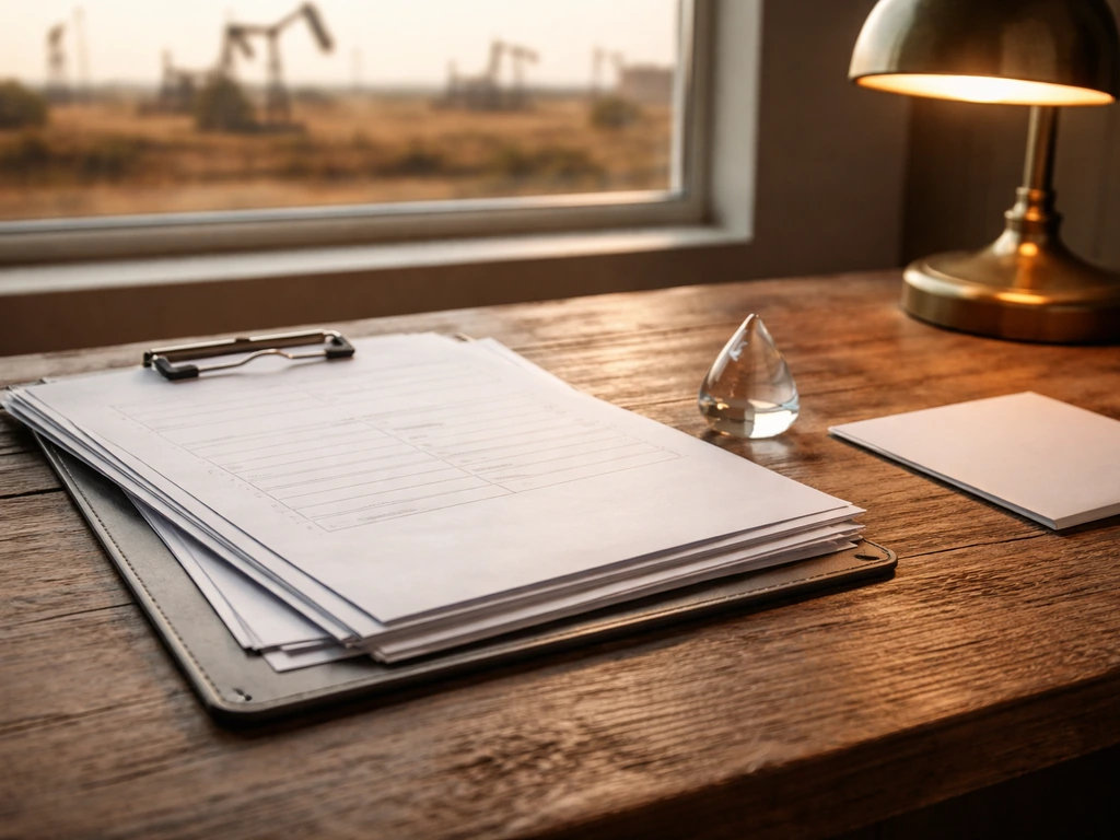 Oilfield documents and a small royalty checkbook-like ledger on a wooden desk under warm Texas light.